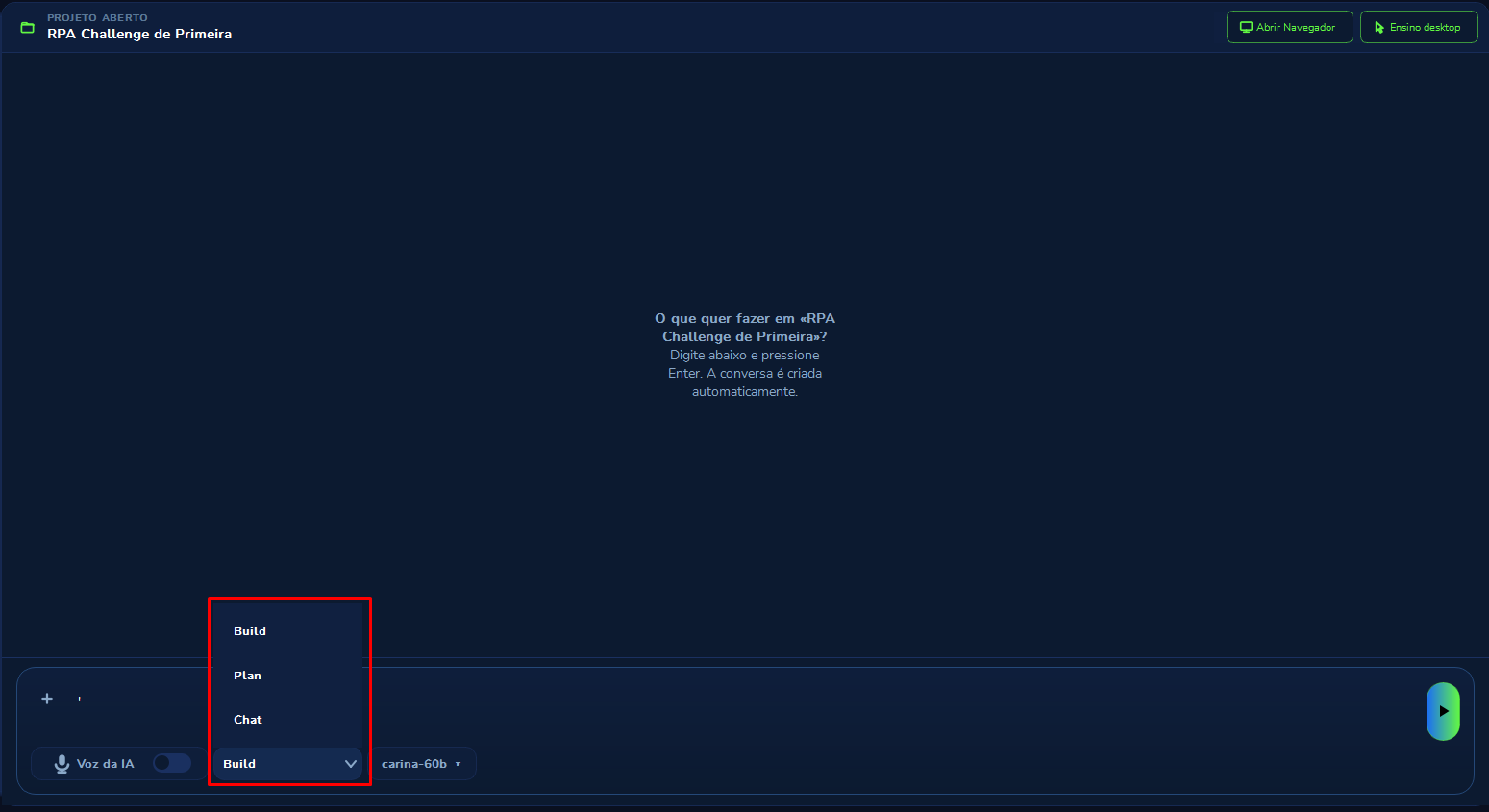 Build, Plan and Chat mode selector